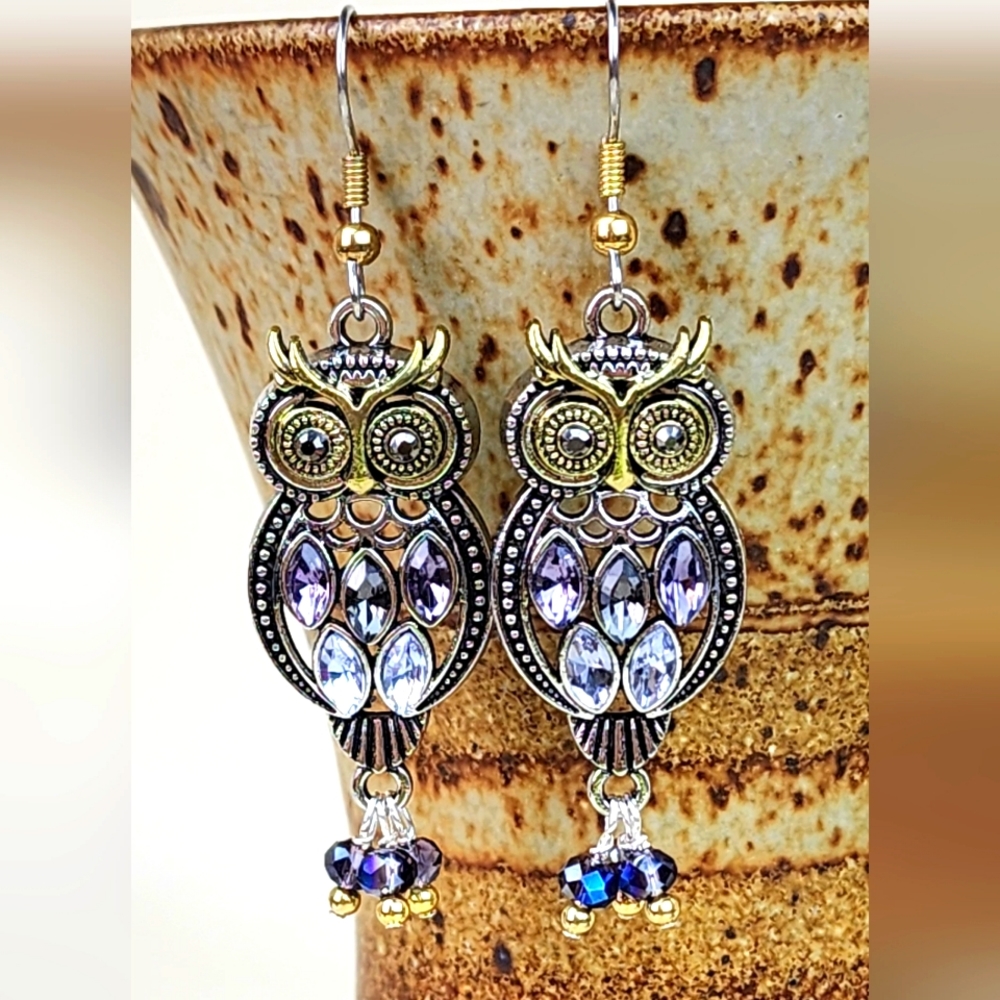 Long‎ Owl Dangle Earrings, Purple Tones, Handmade